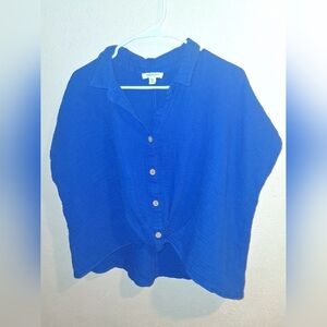 Beach Lunch Lounge Blue button down with tie Cropped Bocy Gauze Cotton XL
